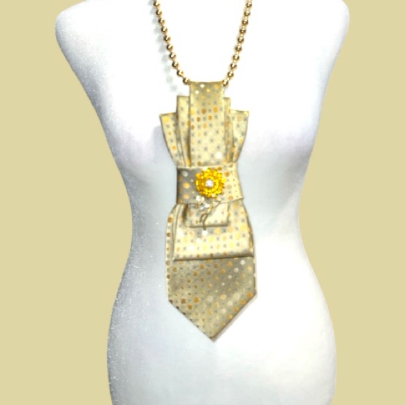 “Dainty Dapper” Gold Necktie Necklace With Rhinestone Brooch